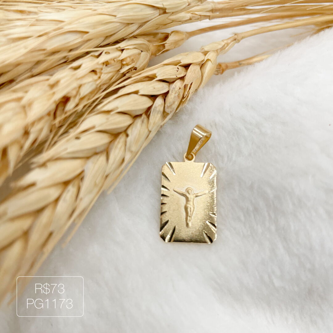 Pingente Quadrado Jesus Crucificado Dourado